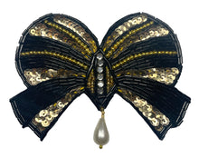 Load image into Gallery viewer, Bow Black and Gold Sequins and Beads with Rhinestones 3&quot;
