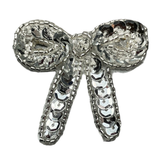 Silver Bow with Silver Sequins and Beads 1.75"