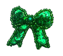 Load image into Gallery viewer, Bow with Green Sequins, Beads and Pearl 1.5&quot; x 1.25&quot;