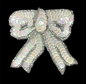 Bow with White Sequins Silver Beads 3" x 2.75"