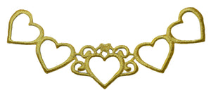 Hearts Metallic Gold Embroidered Iron-On 6.25" x 1.5"