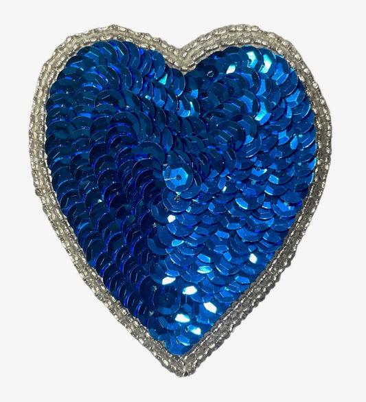 Sequin Blue Heart with Silver Double Trim 3" x 2.75"