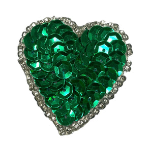 Heart with Emerald Green Sequins and Silver Beads 1.5" x 1.5"