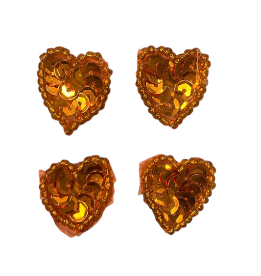 Hearts Set of Four with Orange Sequins and Beads 7/8"