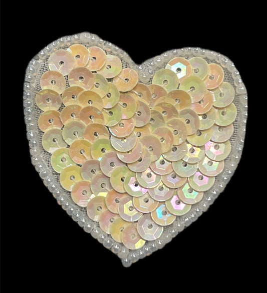 Heart with Beige Sequins and White Beads 1.75"