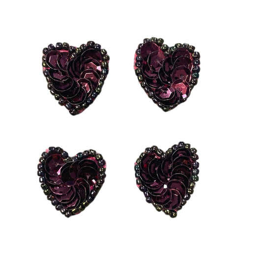 Heart Set of Four Maroon Sequins and Beads 1"