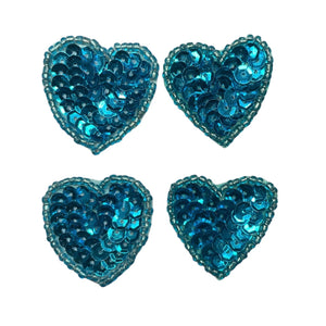 Hearts Set of 4 with Blue Sequins and Beads 1.5"