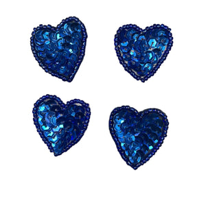 Royal Blue Heart Set of Four with Sequins and Beads 1" (each)