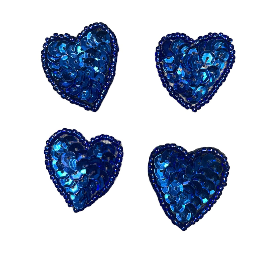 Royal Blue Heart Set of Four with Sequins and Beads 1
