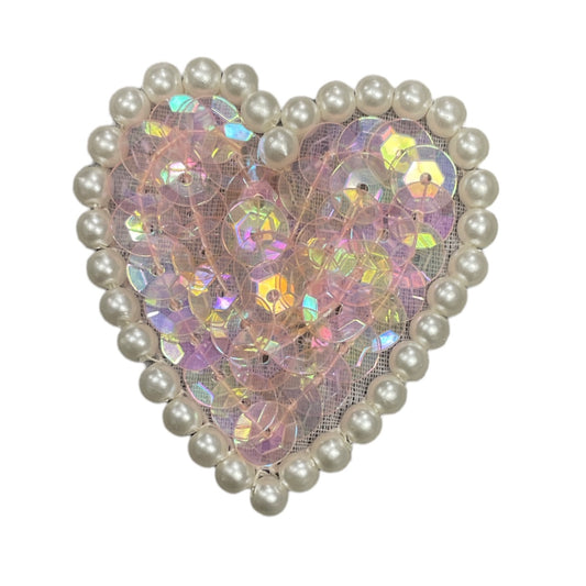 Heart with Iridescent Pink Sequins and Pearl White Beads 1.5"