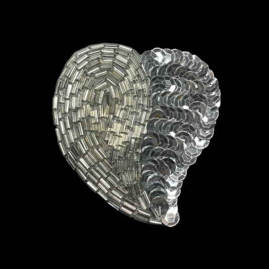 Silver Heart with Half Sequins and Half Beads 2.5"