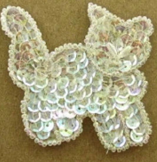 Iridescent Cat Applique Sequin Beaded with Pearl Eyes  3.25" x 3"