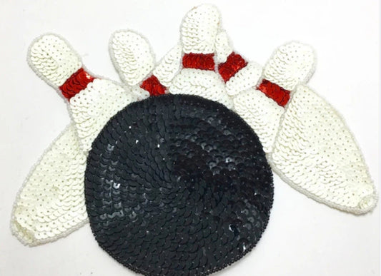 Bowling Ball and Pins with Black, White and Red Sequins and Beads 6.5" x 5"