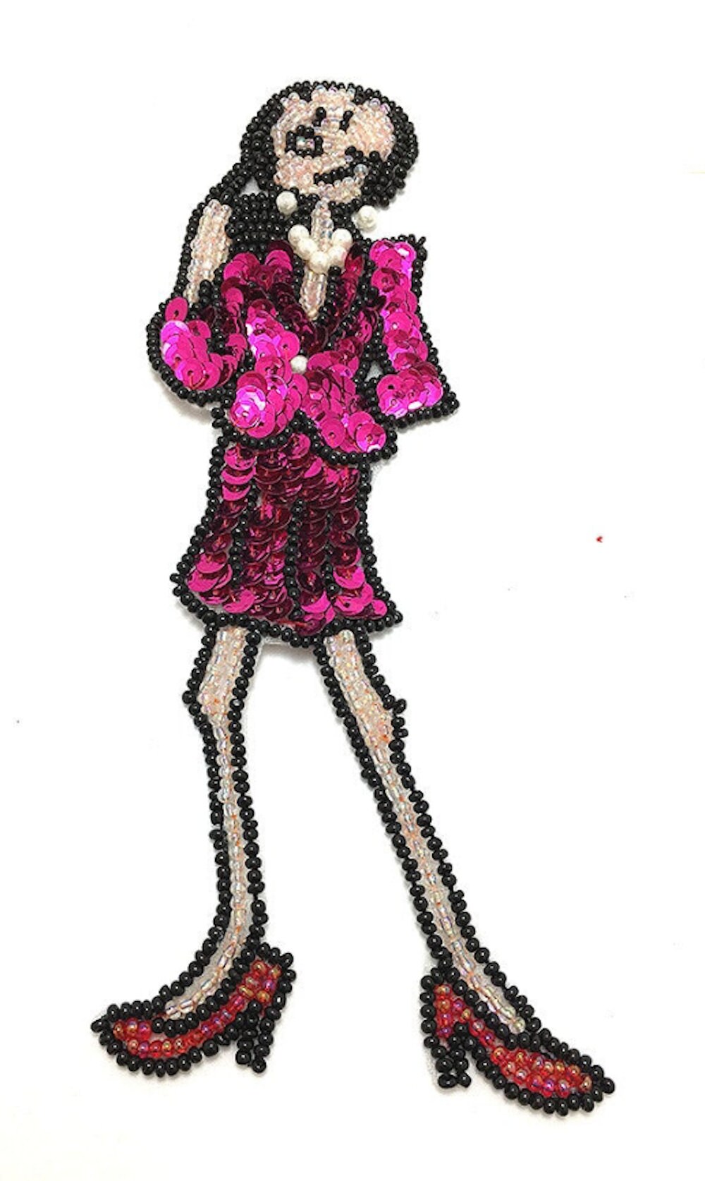 Cartoon Lady with Fuchsia Black and Iridescent Sequins and Beads 7" x 2.5"