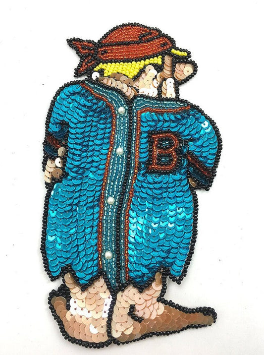 Cartoon Man with Baseball Jersey with Turquoise and Multi-Color Sequins and Beads 6.75" x 3.75"