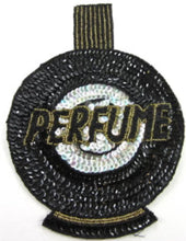 Load image into Gallery viewer, Perfume Bottle Appliqué with Black, Gold, Iridescent Sequins and Beads 8&quot; x 6&quot;