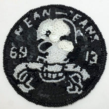 Load image into Gallery viewer, Mean Jeans Phrase with Skull Black and White Sequin Beaded 4.25&quot;