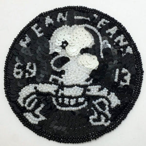Mean Jeans Phrase with Skull Black and White Sequin Beaded 4.25"