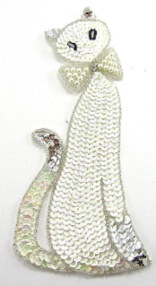 Cat Applique with White, Silver Sequins and Beads, Pearl Bowtie with Rhinestone 8.5" x 4"