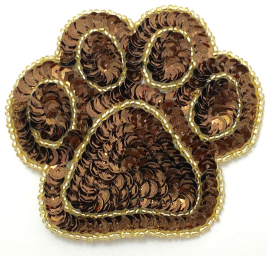 Bronze Paw Print Appliqué, Sequin Beaded 3" x 3"