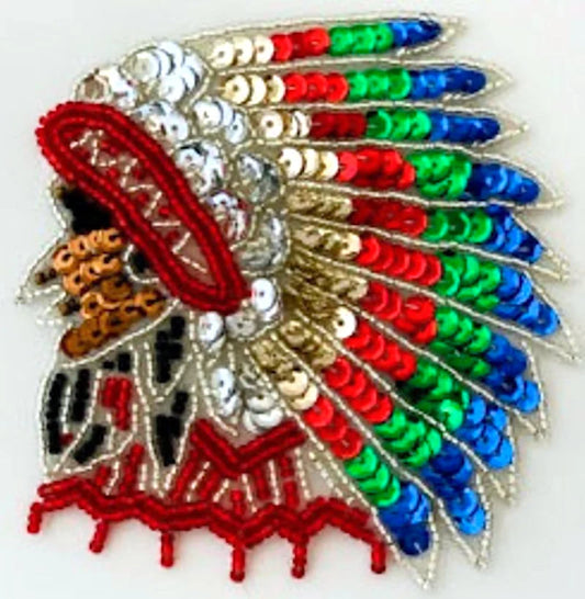 Native American Chief, Multicolor Sequin Beaded 4" x 4"