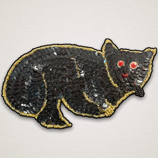 Cat Appliqué with Black Sequins and Gold and Red Beads 5.25" x 3.5"