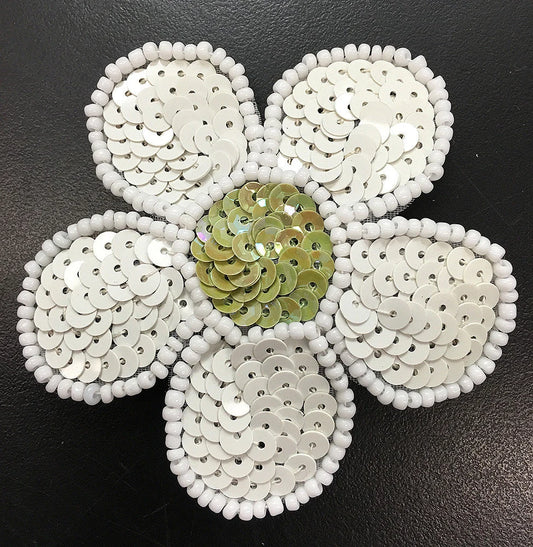 White Flower with Sequins and Beads Green Center 2.5"