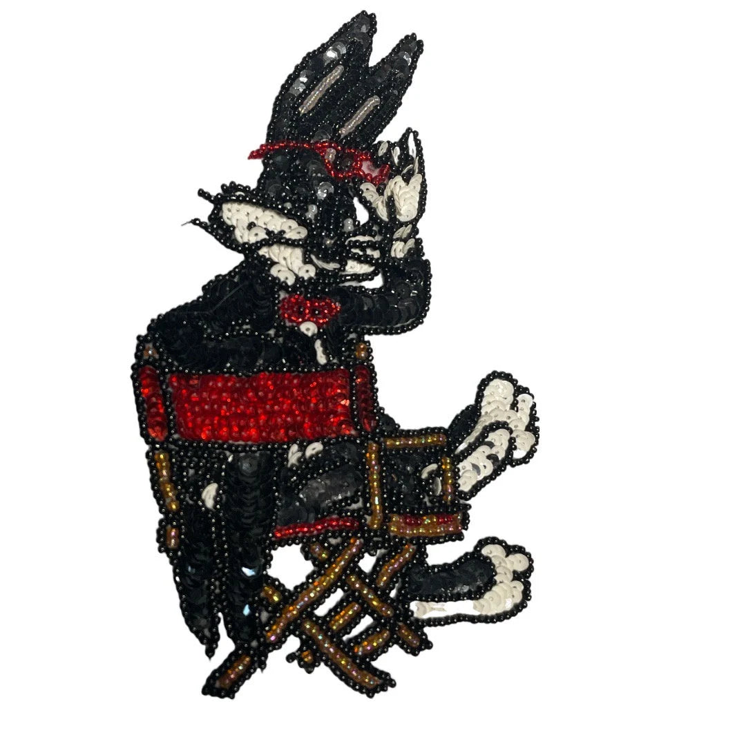 Cartoon Bunny Rabbit in Directors and Glasses Chair with Black Red and White Sequins and Beads 7" x 4"