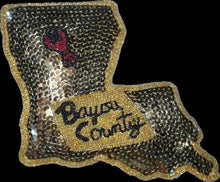 Load image into Gallery viewer, Louisiana State Shape Bayou Country Gold Black Sequins 7&quot; x 6.25&quot;