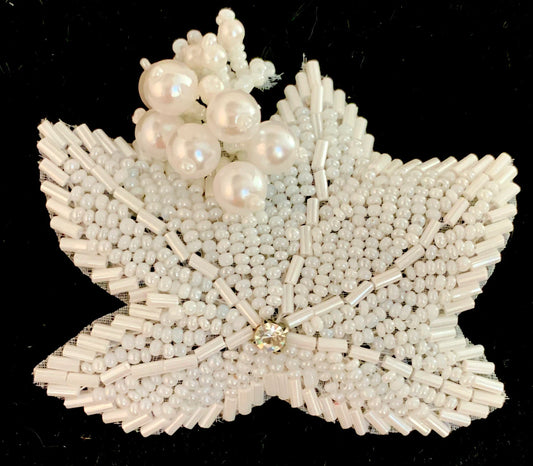 White Leaf Epaulet with Beads, Pearls and Center Rhinestone 3" x 3"