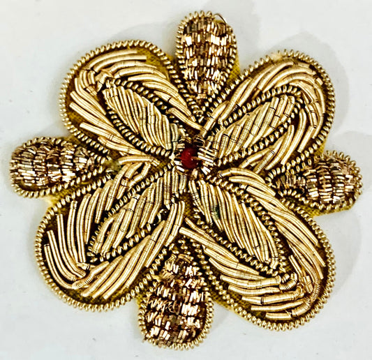 Bullion Flower with Bronze Colors and Red Jewel 2" x 2"