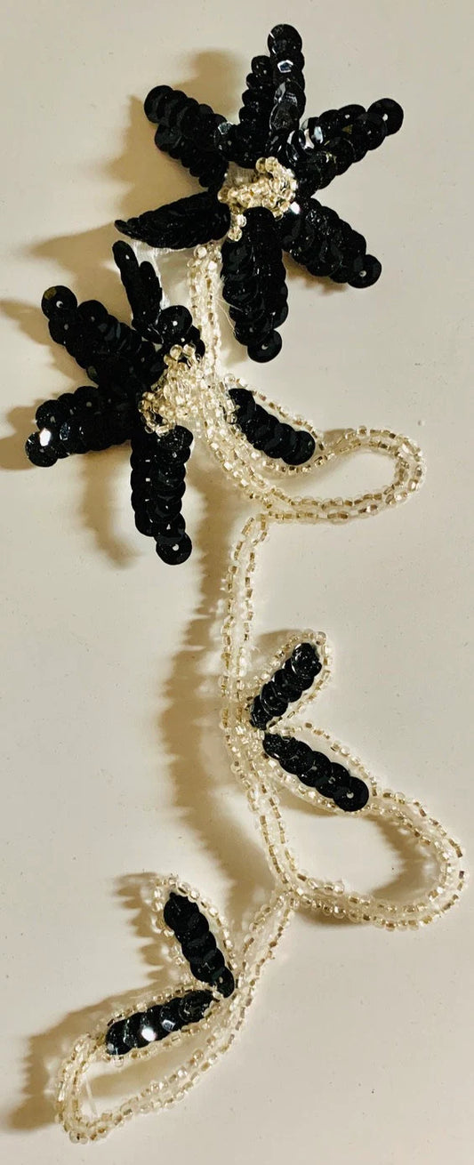 Choice of Flower Pairs or Single with Black Sequins Silver Beads 8" x 2.5"