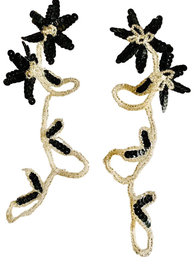 Choice of Flower Pairs or Single with Black Sequins Silver Beads 8" x 2.5"