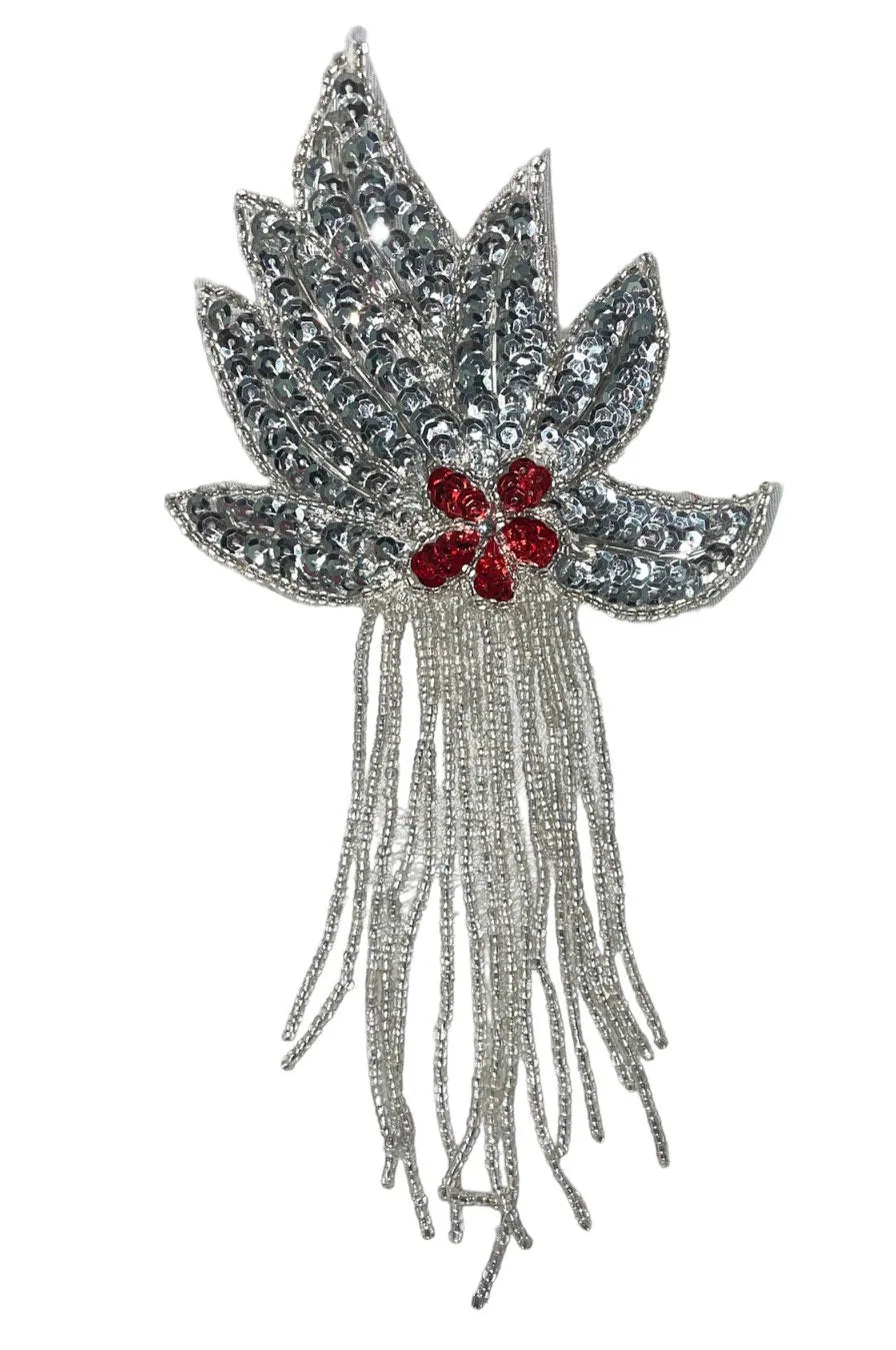 Epaulet Silver with Red Center Sequin and Beads 8.5" x 4"