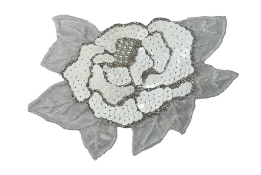 White Sequin Flower with Beaded Leaves 6" x 5.5"