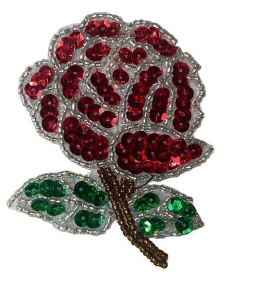 Red Rose with Silver Sequins and Beads 3" x 2.5"