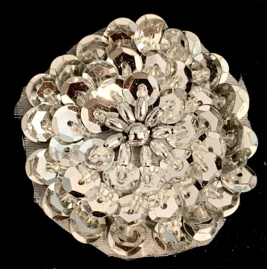 Silver Flower with Layered Sequins and Beads  2"