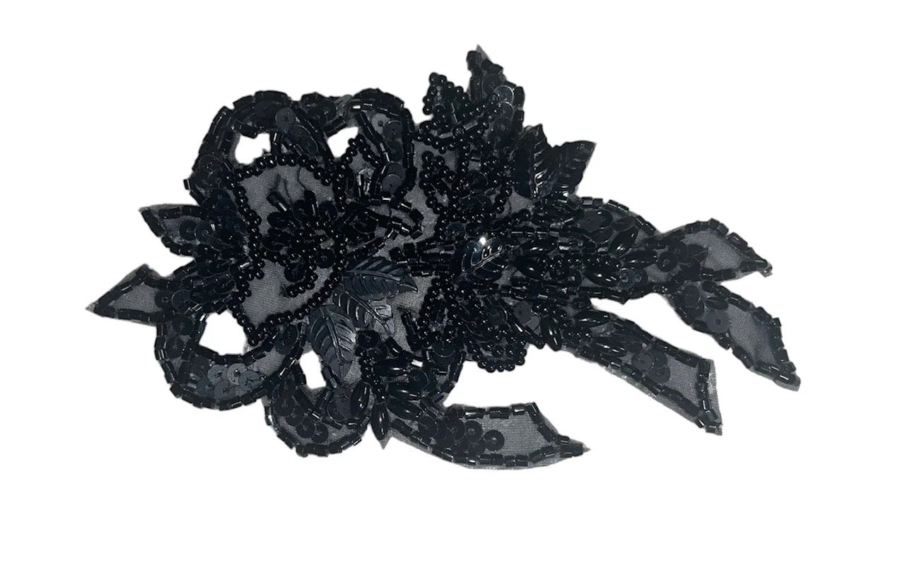 Black beaded flower with lace 5" x 3"