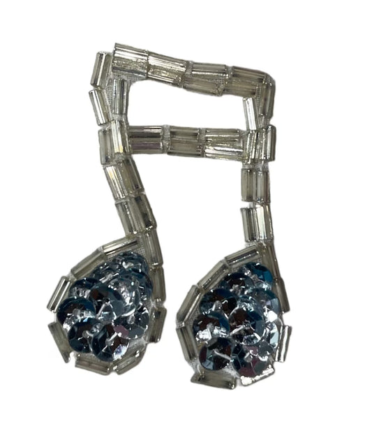 Silver Music Note Appliqué, Silver Sequins and Beads 1.5" x 1.5"