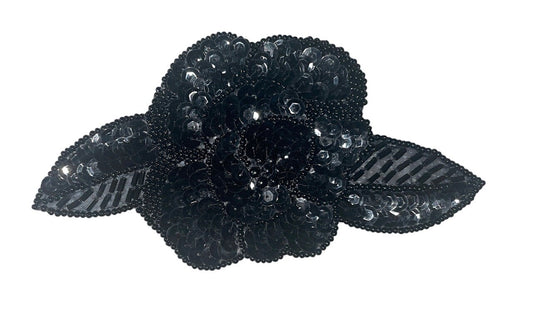 Black flower with leaves sequin and beads 6" x 3"