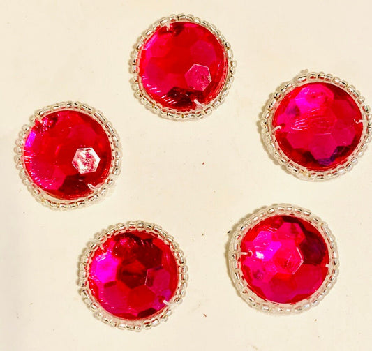 Set of 5 plastic fuchsia dots with silver beaded edges 1"