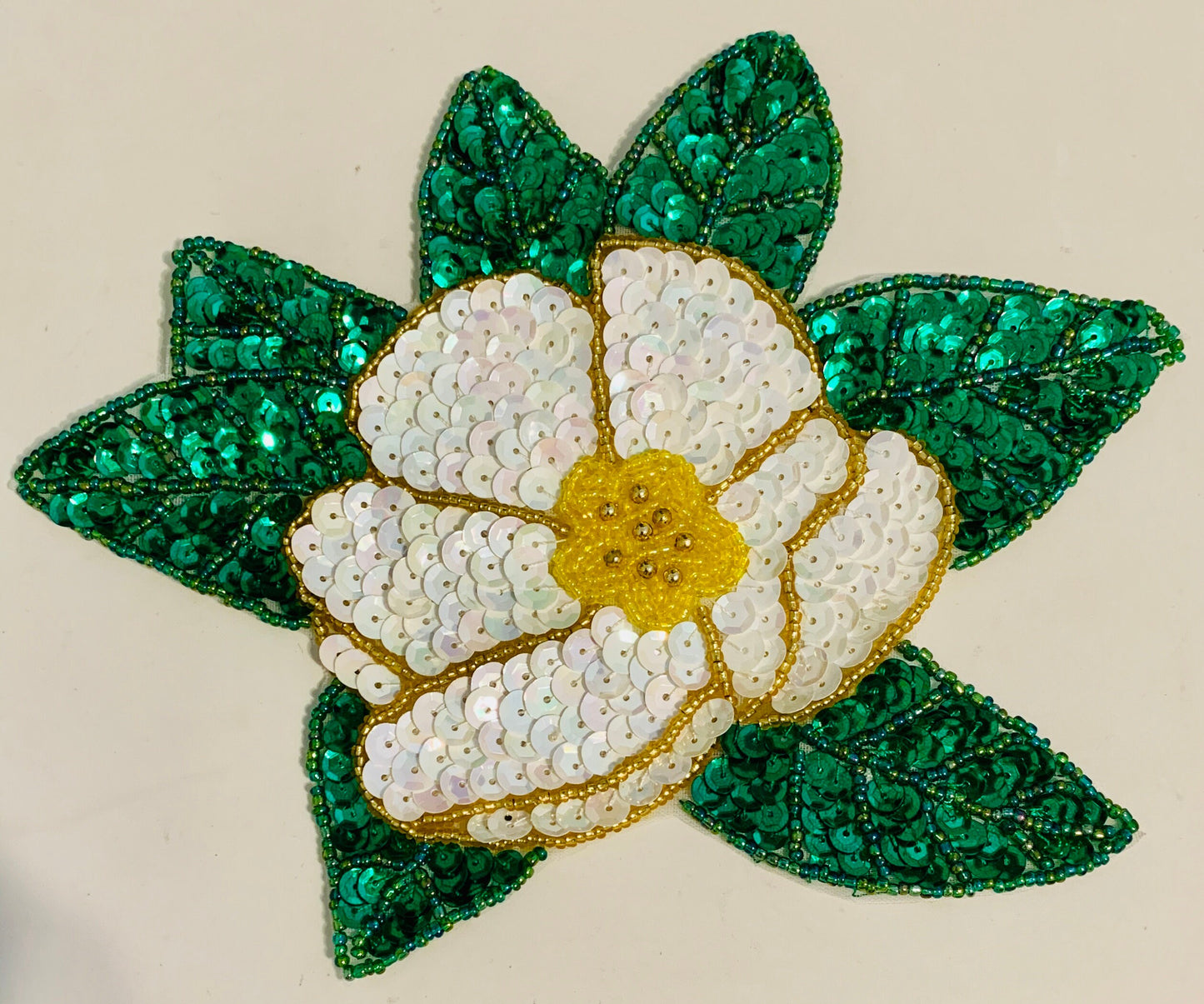 Flower with white gold green sequins and beads 6.5" x 5.5"