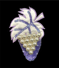 Load image into Gallery viewer, Grape Appliqué with Pearl Beads, Purple Sequins and Embroidered Edge Fabric Leaf 6&quot; x 4&quot;