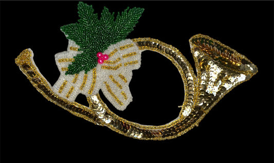 Christmas French Horn, Gold, Green and White Sequin Beaded 9" x 6"