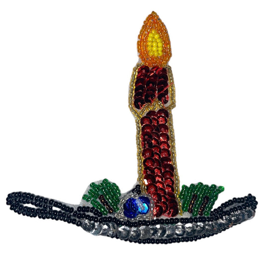 Christmas Candle in Holder, Sequin Beaded 4" x 4"