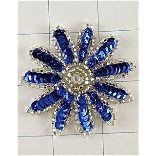 Flower Blue Sequin with Silver Trim and Rhinestone 2"