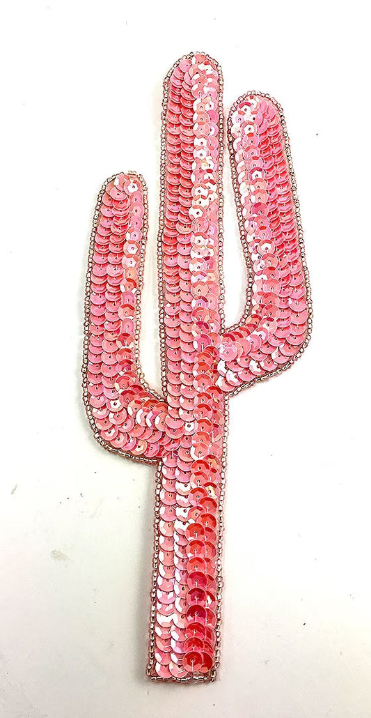 Pink Cactus Appliqué, Sequin Beaded, 9" x 3.25"