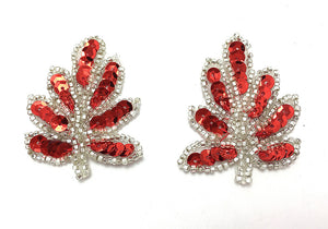 Leaf Pair with Choice of Pink or Red Sequins or Silver Beads 1.5" x 2"
