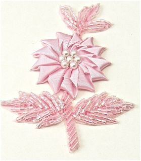 Flower Pink Satin and Pink Beads and Pearls 3.5" X 2.5"