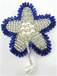 Flower with Royal Blue and Silver Beads with Pearl 2" x 2"